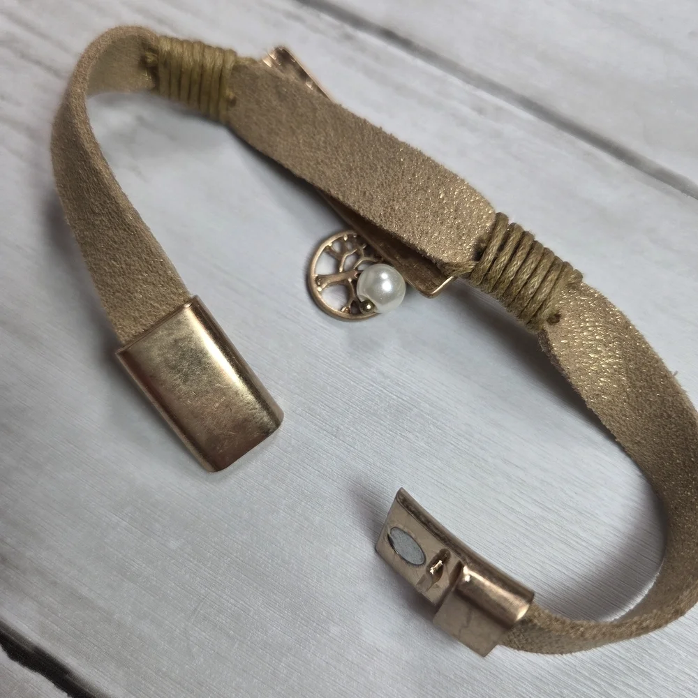 Gold-Tone 'Blessed' Leather Boho Wrap Bracelet with Pearl Charm